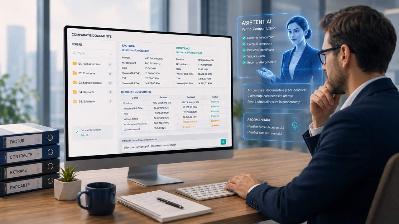 Asistent AI care compară o factură cu un contract și evidențiază diferențele și recomandările