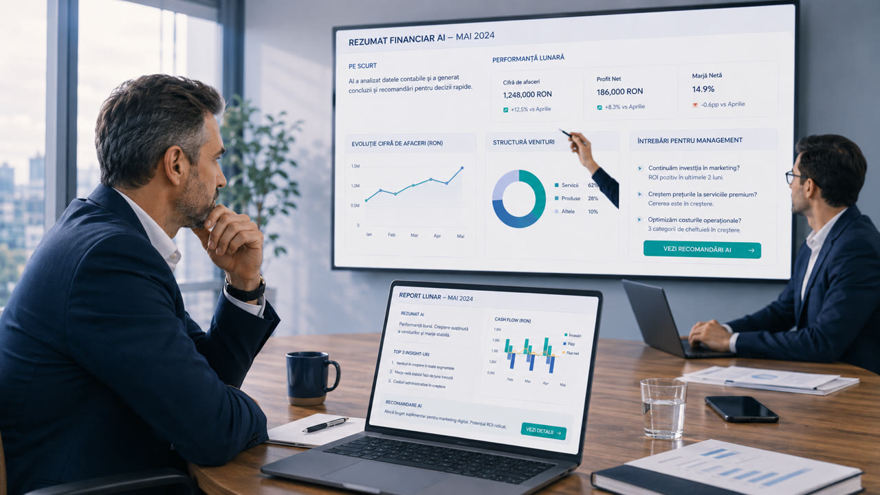 Rezumat financiar lunar generat de AI, prezentat echipei de management într-o ședință