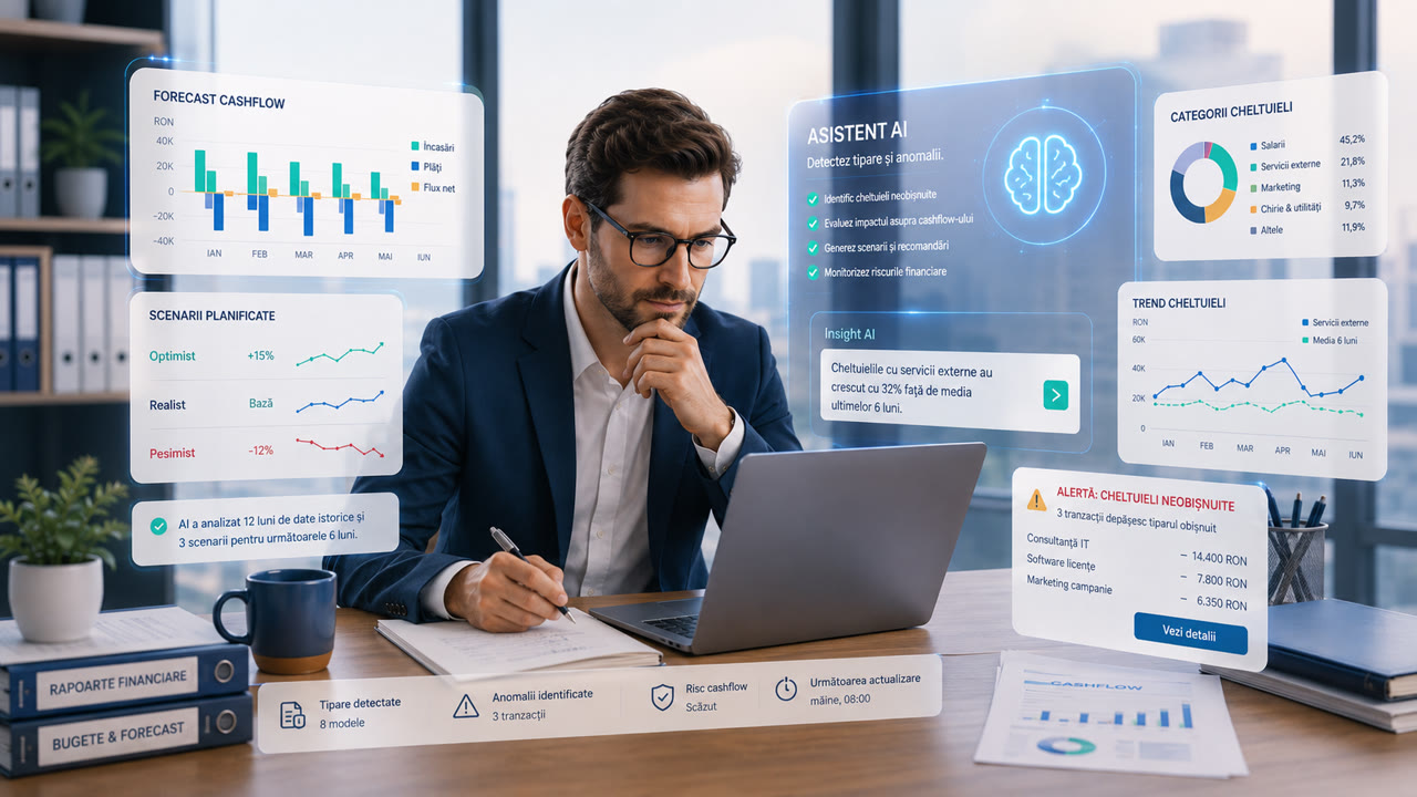 Forecast de cashflow pe 30 de zile generat de AI, în scenarii optimist, realist și pesimist